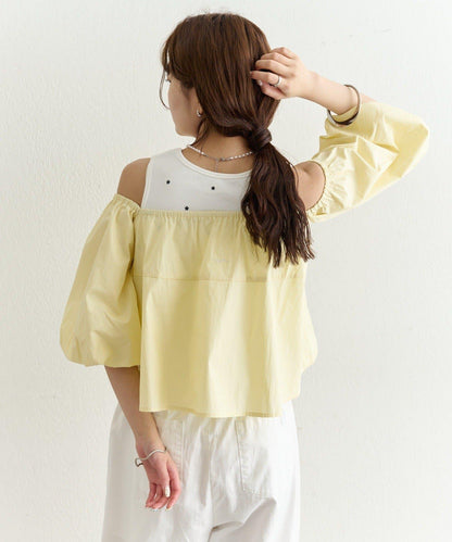 一字肩泡泡袖襯衫