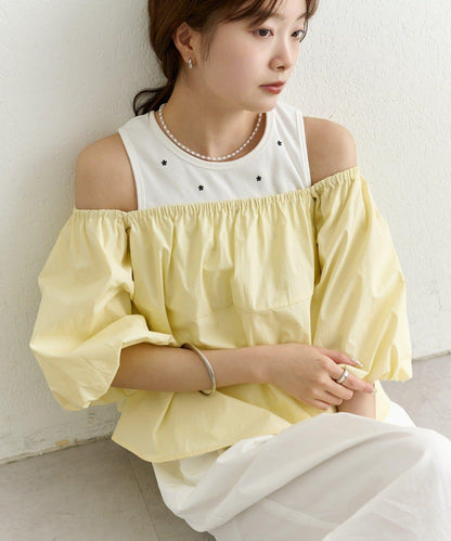 一字肩泡泡袖襯衫