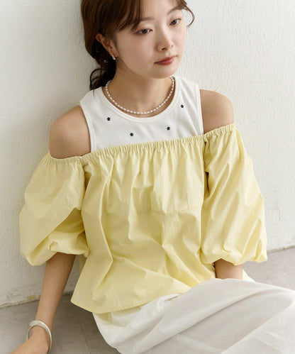 一字肩泡泡袖襯衫
