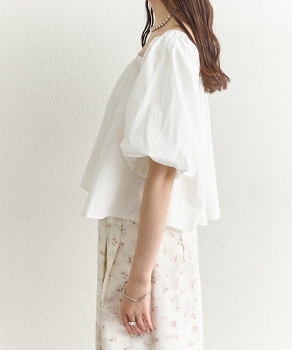 一字肩泡泡袖襯衫