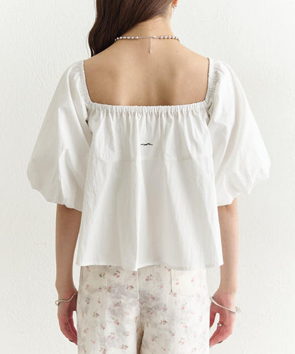 一字肩泡泡袖襯衫