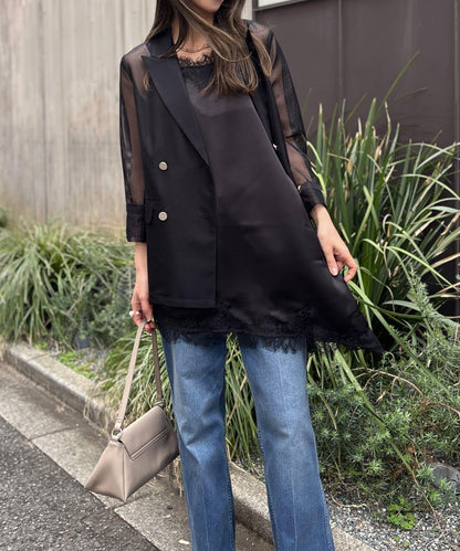 Yurieピック 緞面非對稱蕾絲吊帶上衣