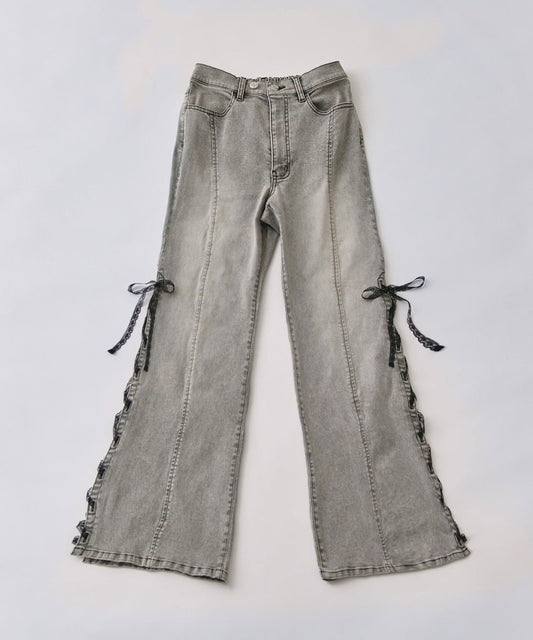 側邊繫帶 喇叭版型 彈力 褲子