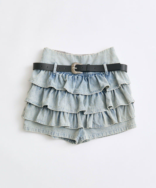 PU皮腰帶荷葉邊短褲