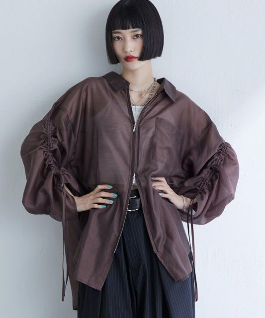 透紗褶皺雙拉鍊襯衫