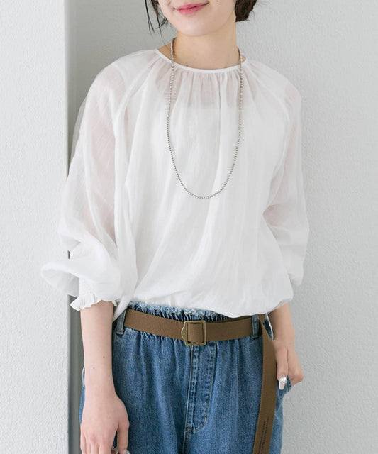 條紋 抽褶袖口 苧麻 襯衫