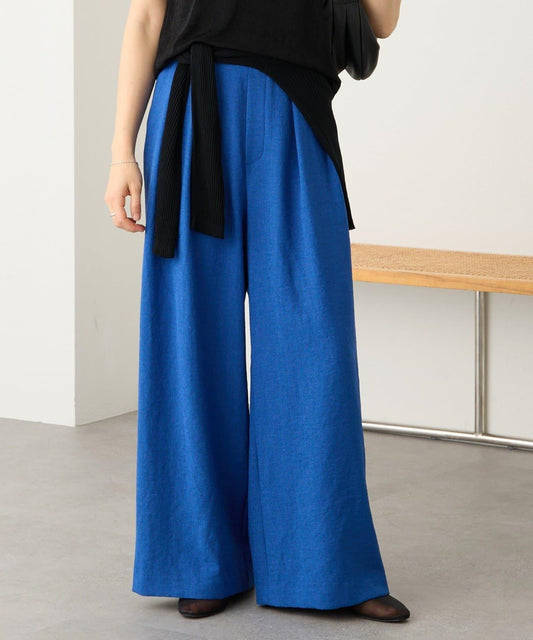 防皺防曬 亞麻風 打褶 闊腿西裝褲