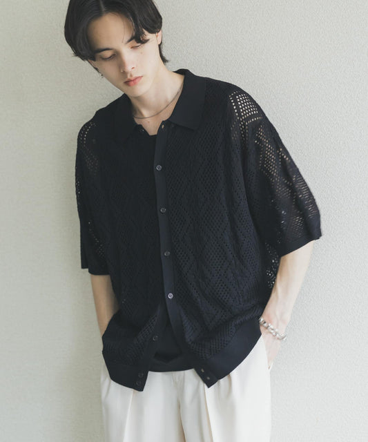 乾爽觸感網眼襯衫式開衫