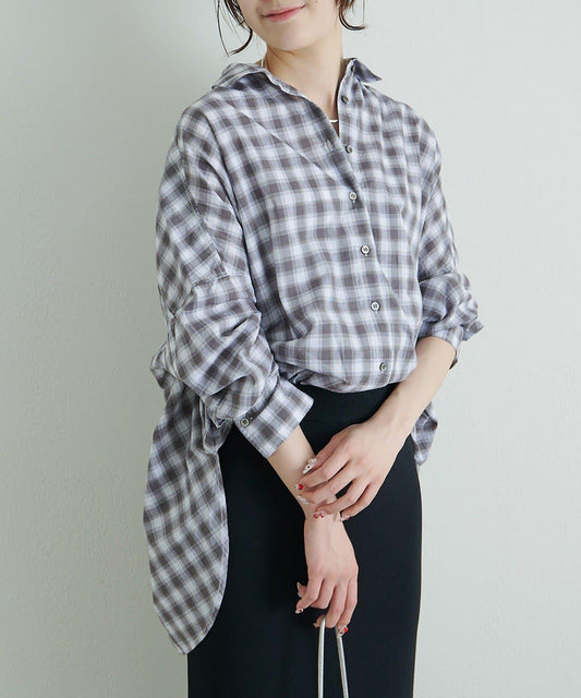 棉麻格紋寬鬆襯衫