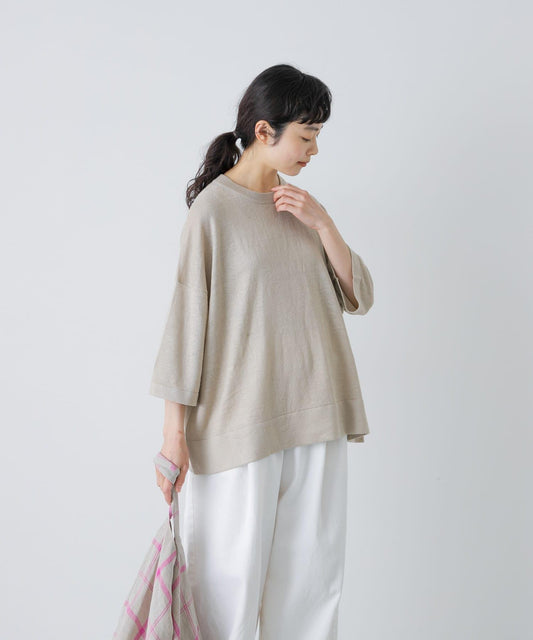 亞麻半袖圓領針織上衣