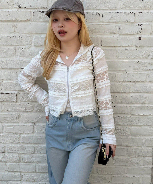 蕾絲雙拉鍊 連帽衛衣