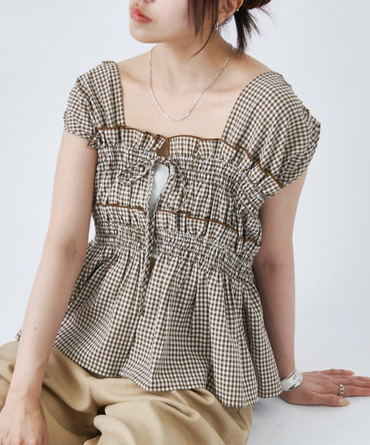 【前後2WAY/WEB限定】チェック柄シャーリングノースリーブブラウス