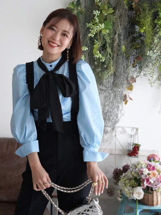 《SALE》サテンリボン執事シャツ 【ブルー】　20%OFF (iD-00156BL)