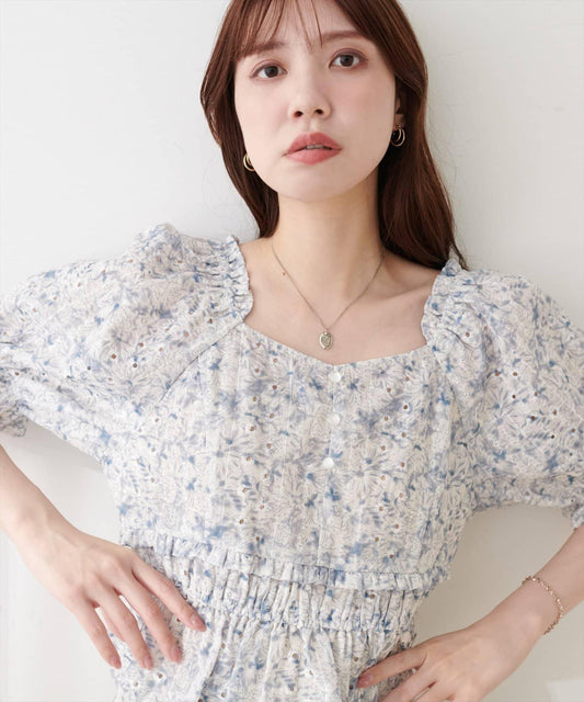 腰部抽褶印花襯衫