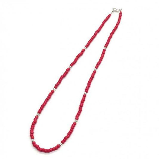 ビンゴブラザーズ  4ミリビーズ×シルバービーズ ネックレス(レッド) 50CM