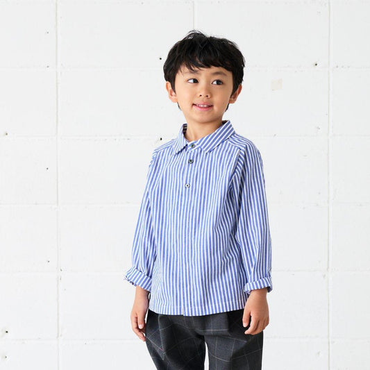 【40%off】m doudou jouons／SMALL COLLAR STRIPE SHIRT／BLUE／120-130 (【40】mdoudou-24-1344-STRIPE)