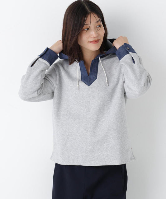 牛仔拼接連帽套頭衫