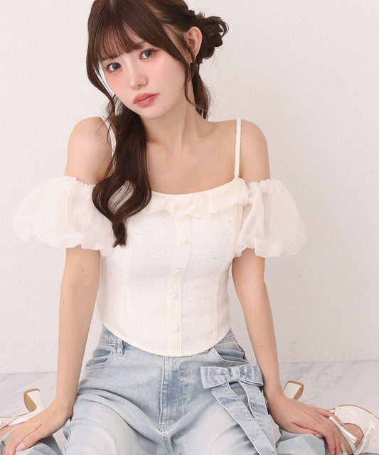 【Favorite Select Fair対象】ツイードオフショルダーブラウス