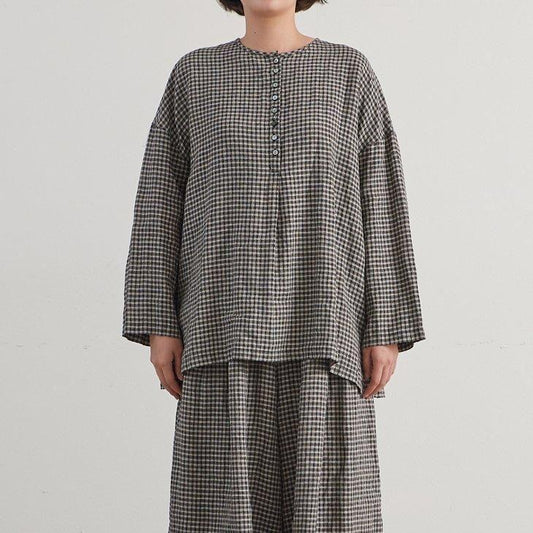HEAVENLY (ヘブンリー) | Linen Henryneck Pullover (check) | トップス  ブラウス お灑落  (220317-039)